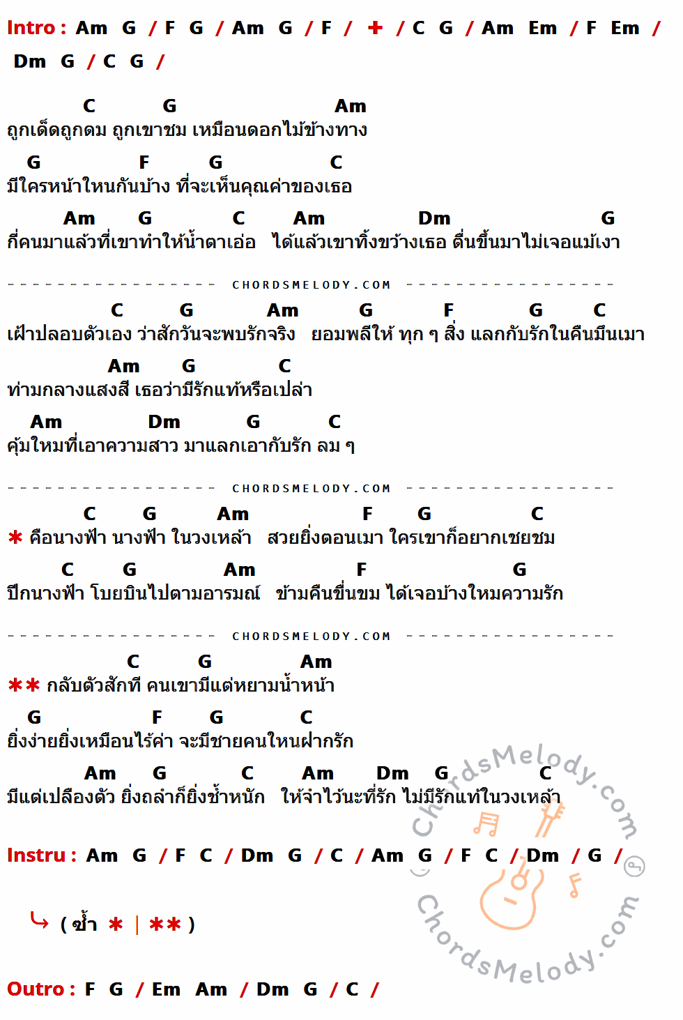 เนื้อเพลง นางฟ้าในวงเหล้า ของ ไท ธนาวุฒิ ที่มีคอร์ดกีต้าร์ Am,G,F,C,Em,Dm