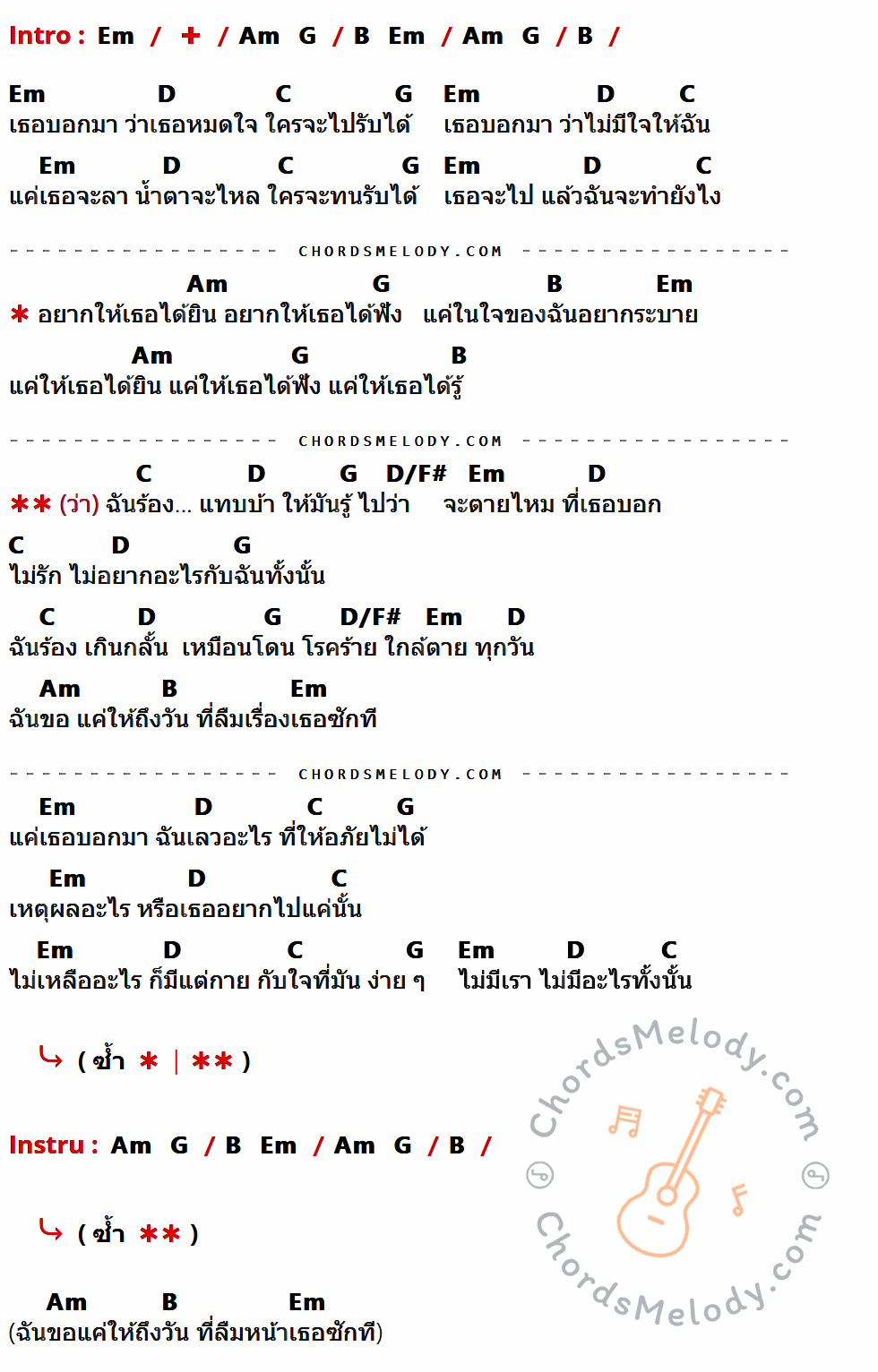 เนื้อเพลง แทบบ้า ของ Syam ที่มีคอร์ด ในกลุ่มคีย์ Em,Am,G,B,D,C,D/F# ประกอบ