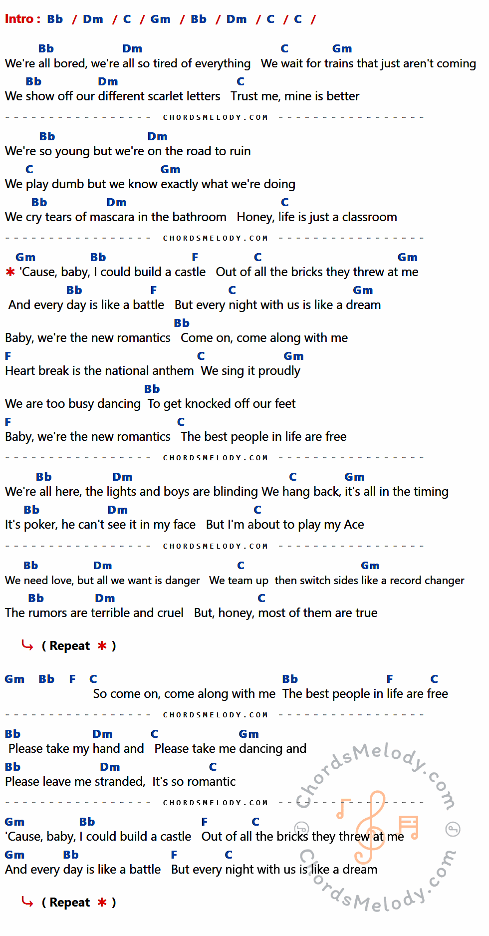 เนื้อเพลง New Romantics ของ Taylor Swift ที่มีคอร์ด ในกลุ่มคีย์ Bb,Dm,C,Gm,F ประกอบ