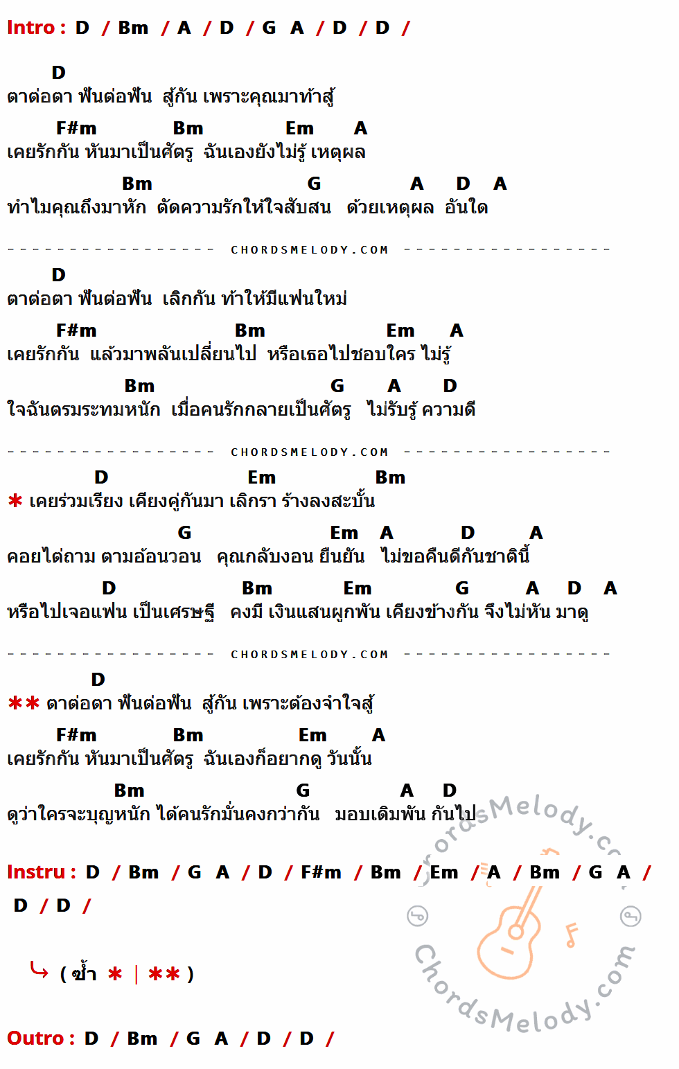 เนื้อเพลง ตาต่อตา ฟันต่อฟัน ของ คัทลียา มารศรี ที่มีคอร์ด ในกลุ่มคีย์ D,Bm,A,G,F#m,Em ประกอบ