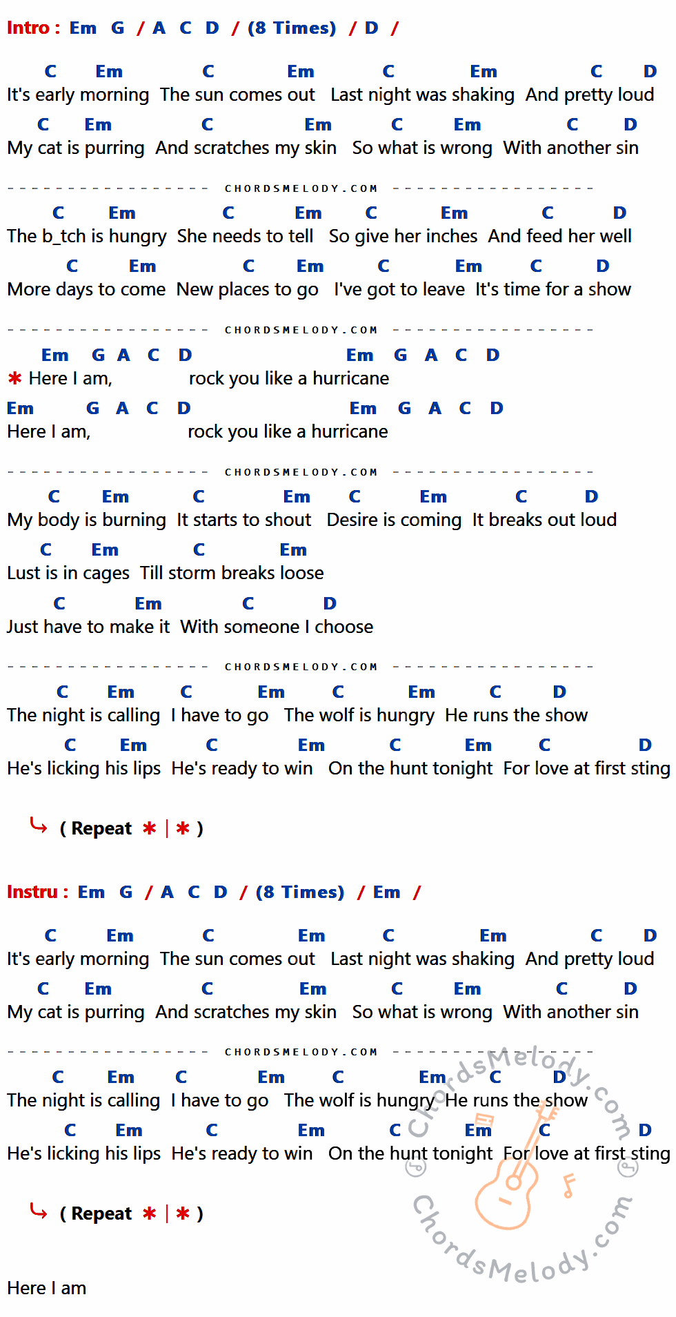 เนื้อเพลง Rock You Like a Hurricane ของ SCORPIONS ที่มีคอร์ดกีต้าร์ Em,G,A,C,D