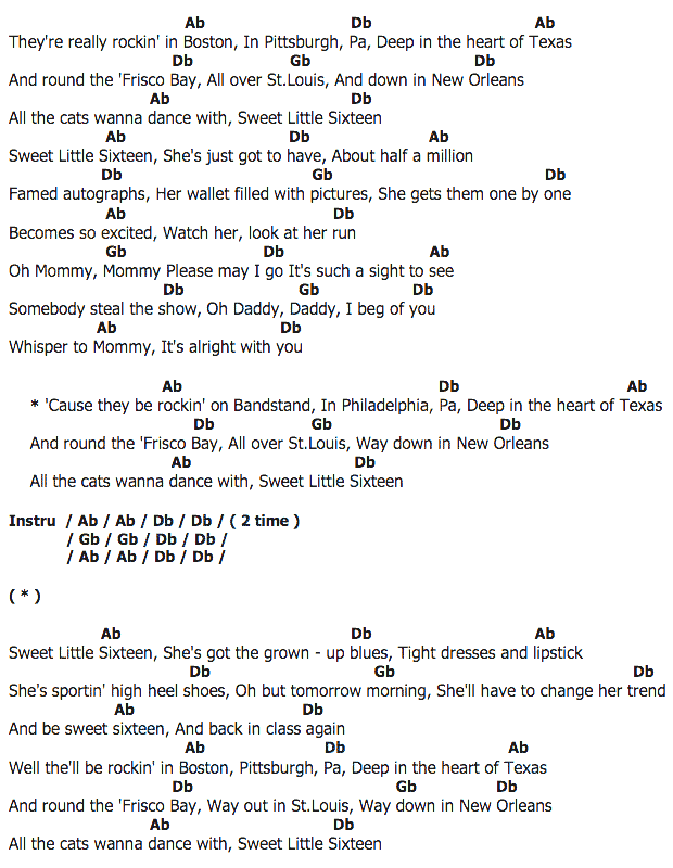 คอร์ดเพลง เนื้อเพลง Sweet Little Sixteen, คอร์ดเพลง Sweet Little Sixteen ของ Chuck Berry, คอร์ดเพลงของ Chuck Berry, เนื้อร้อง Sweet Little Sixteen Chuck Berry, Sweet Little Sixteen คอร์ดง่าย ๆ, คอร์ด Sweet Little Sixteen ต้นฉบับ