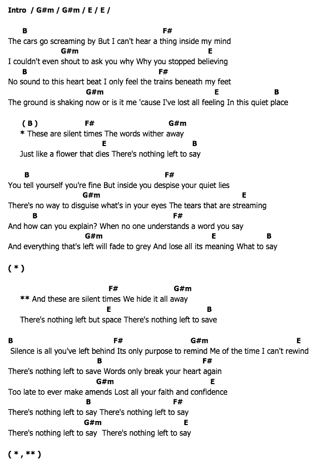 คอร์ดเพลง เนื้อเพลง Silent times, คอร์ดเพลง Silent times ของ Michael Learns To Rock, คอร์ดเพลงของ Michael Learns To Rock, เนื้อร้อง Silent times Michael Learns To Rock, Silent times คอร์ดง่าย ๆ, คอร์ด Silent times ต้นฉบับ