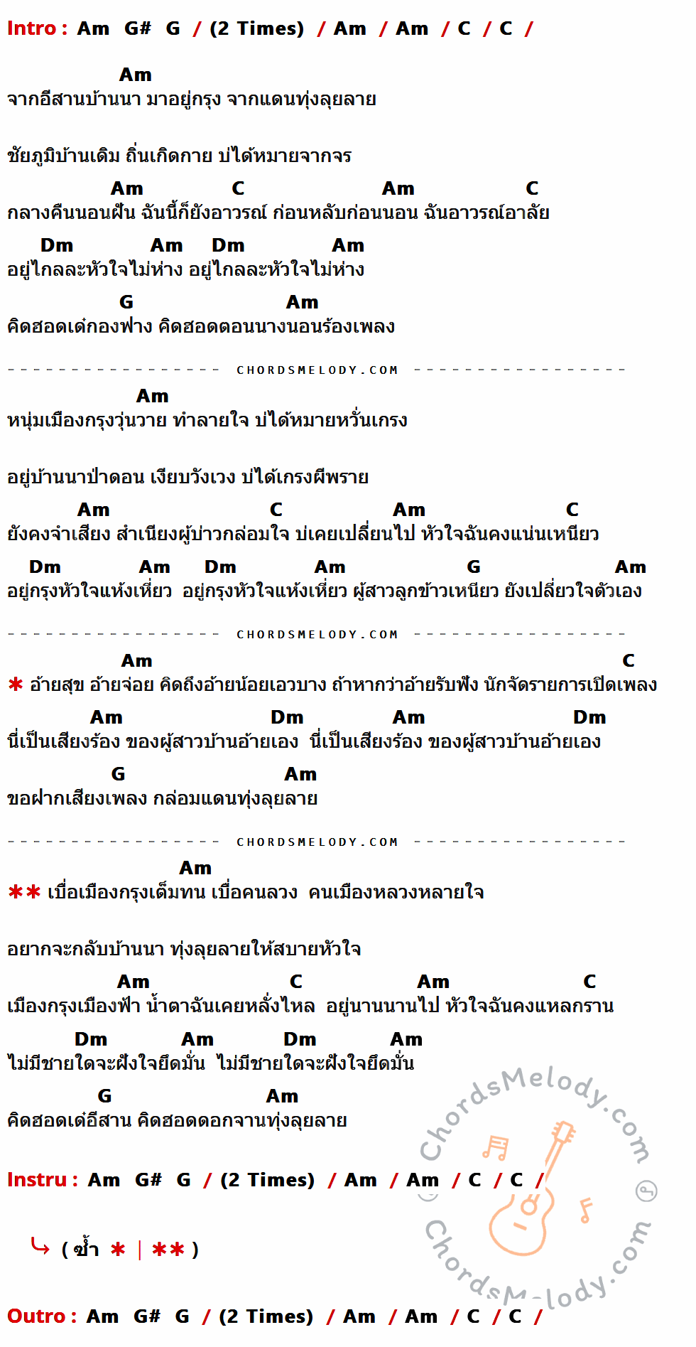 เนื้อเพลง คิดถึงทุ่งลุยลาย ของ โปงลางสะออน ที่มีคอร์ดกีต้าร์ Am,G#,G,C,Dm