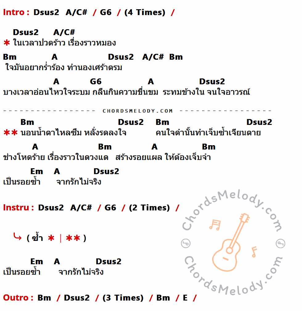 เนื้อเพลง บางเงา ของ มาลีฮวนน่า ที่มีคอร์ด ในกลุ่มคีย์ Dsus2,A/C#,G6,Bm,A,Em,E ประกอบ