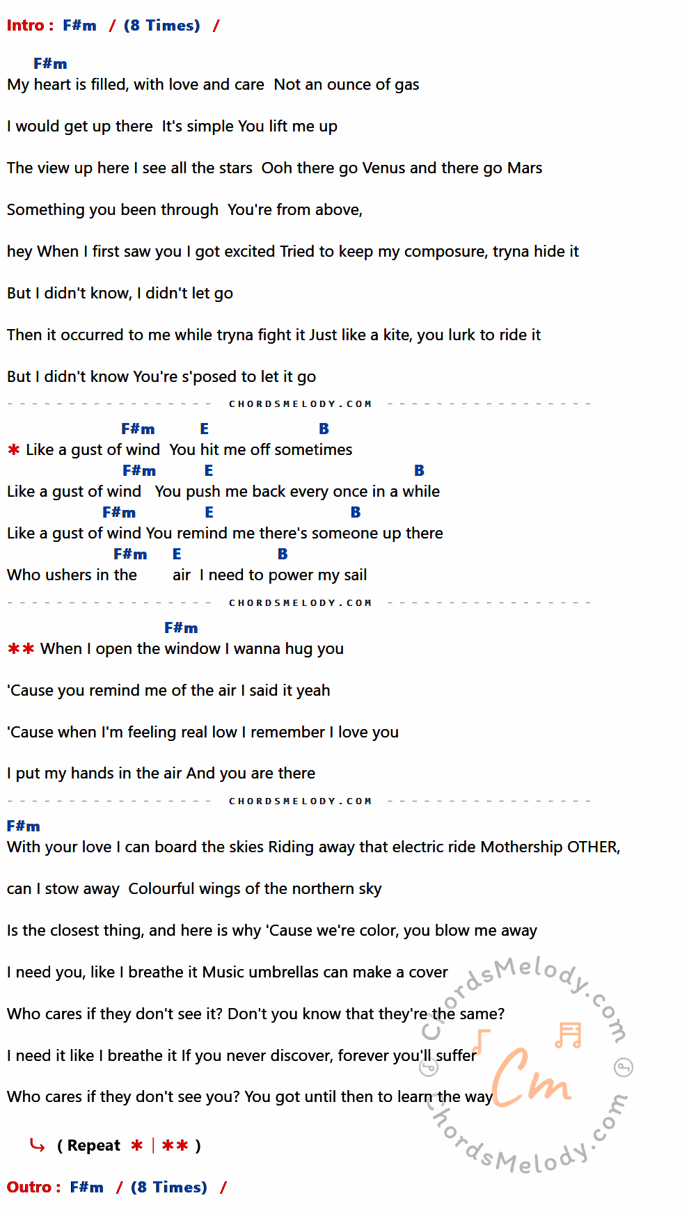เนื้อเพลง Gust of Wind ของ Pharrell Williams Feat.Daft Punk ที่มีคอร์ด ในกลุ่มคีย์ F#m,E,B ประกอบ