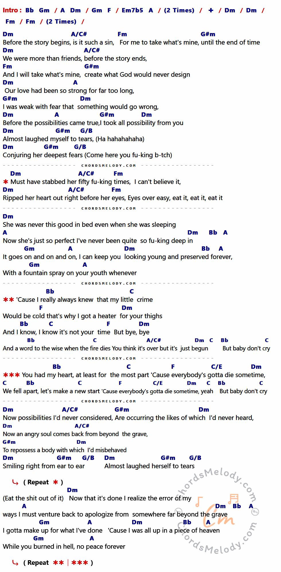 เนื้อเพลง A Little Piece Of Heaven ของ Avenged Sevenfold ที่มีคอร์ด ในกลุ่มคีย์ Bb,Gm,A,Dm,F,Em7b5,Fm,A/C#,G#m,G/B,C,C/E ประกอบ