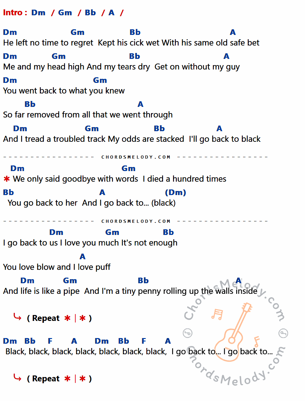เนื้อเพลง Back To Black ของ Amy Winehouse ที่มีคอร์ด ในกลุ่มคีย์ Dm,Gm,Bb,A,F ประกอบ