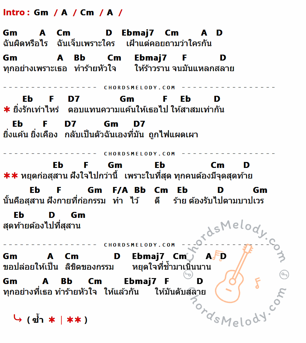 เนื้อเพลง ที่สุดท้าย ของ เจนนิเฟอร์ คิ้ม ที่มีคอร์ด ในกลุ่มคีย์ Gm,A,Cm,D,Ebmaj7,Bb,F,Eb,D7,F/A ประกอบ