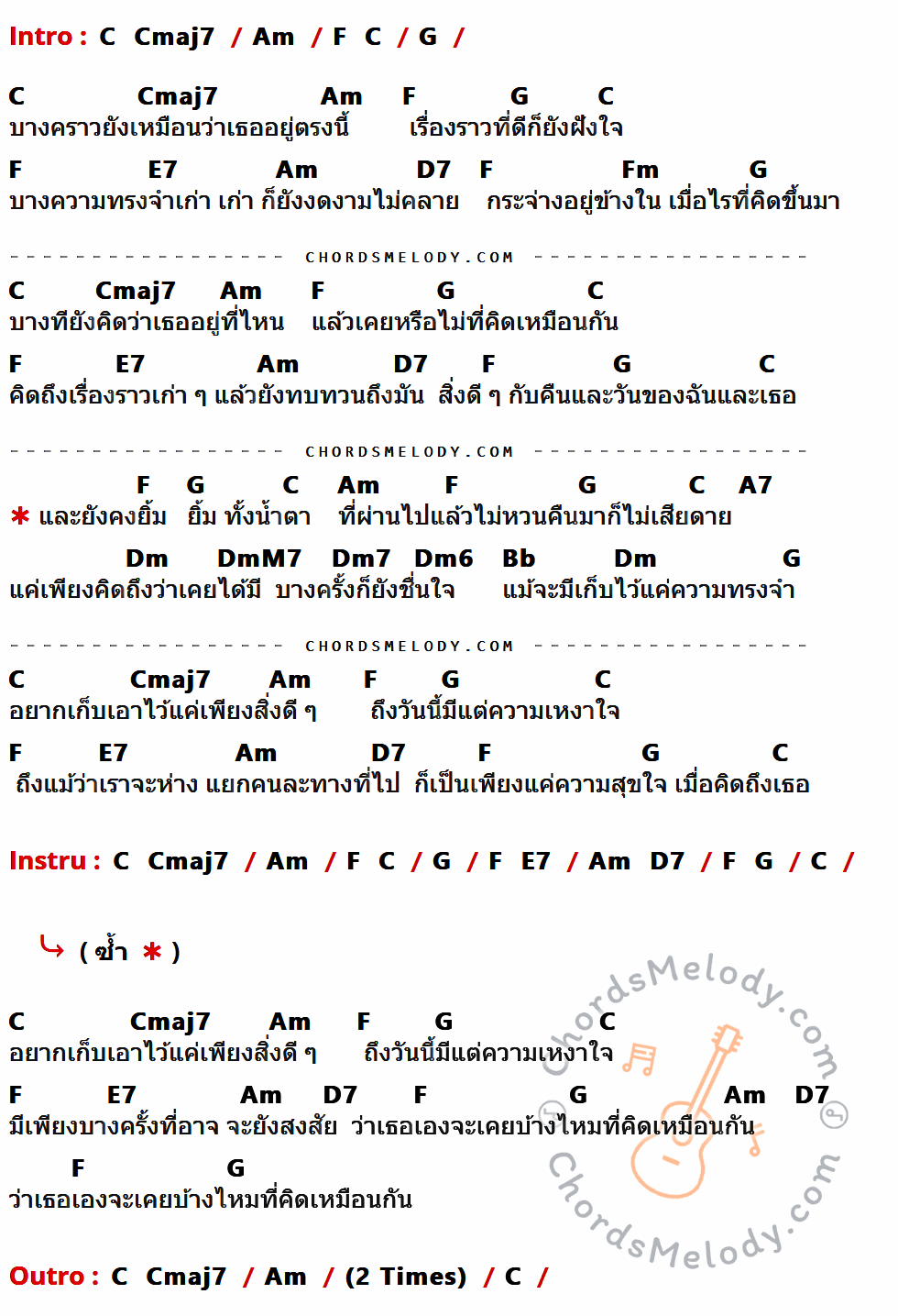 เนื้อเพลง ความทรงจำ ของ แอม เสาวลักษณ์ ที่มีคอร์ดกีต้าร์ C,Cmaj7,Am,F,G,E7,D7,Fm,A7,Dm,DmM7,Dm7,Dm6,Bb