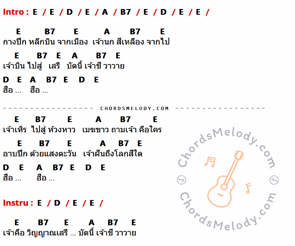 เนื้อเพลง นกสีเหลือง ของ คาราวาน ที่มีคอร์ดกีต้าร์ E,D,A,B7