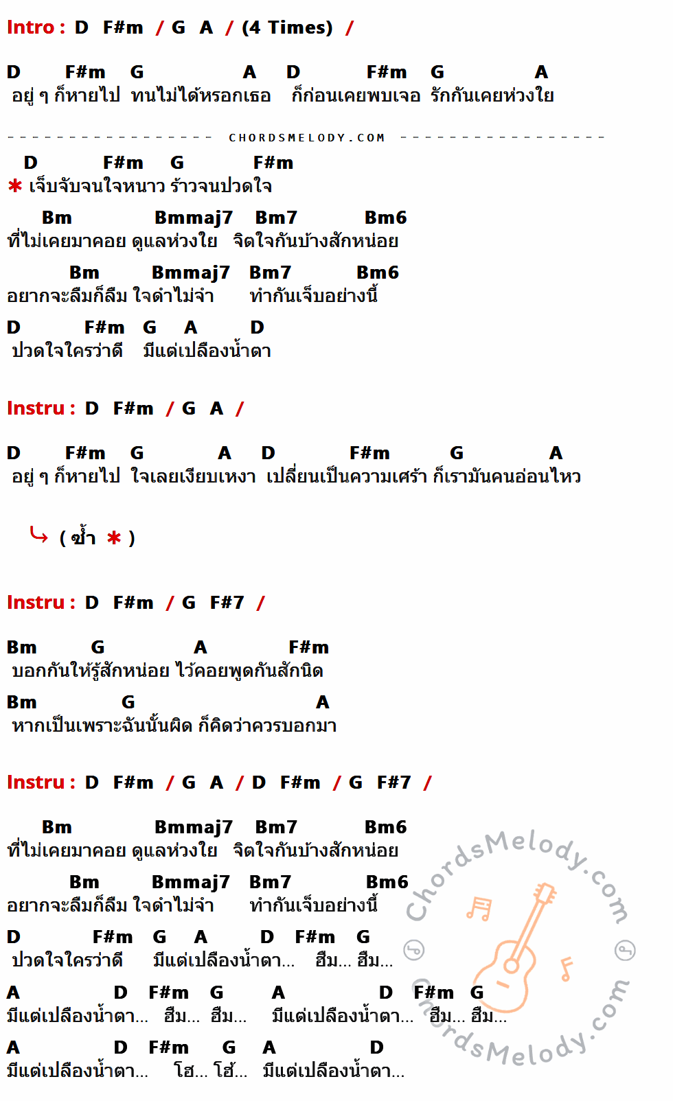 เนื้อเพลง เปลืองน้ำตา ของ ติ๊ก ชีโร่ ที่มีคอร์ด ในกลุ่มคีย์ D,F#m,G,A,Bm,Bmmaj7,Bm7,Bm6,F#7 ประกอบ