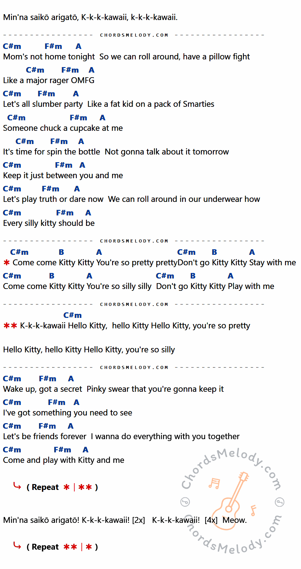 เนื้อเพลง Hello Kitty ของ Avril Lavigne ที่มีคอร์ด ในกลุ่มคีย์ C#m,F#m,A,B ประกอบ