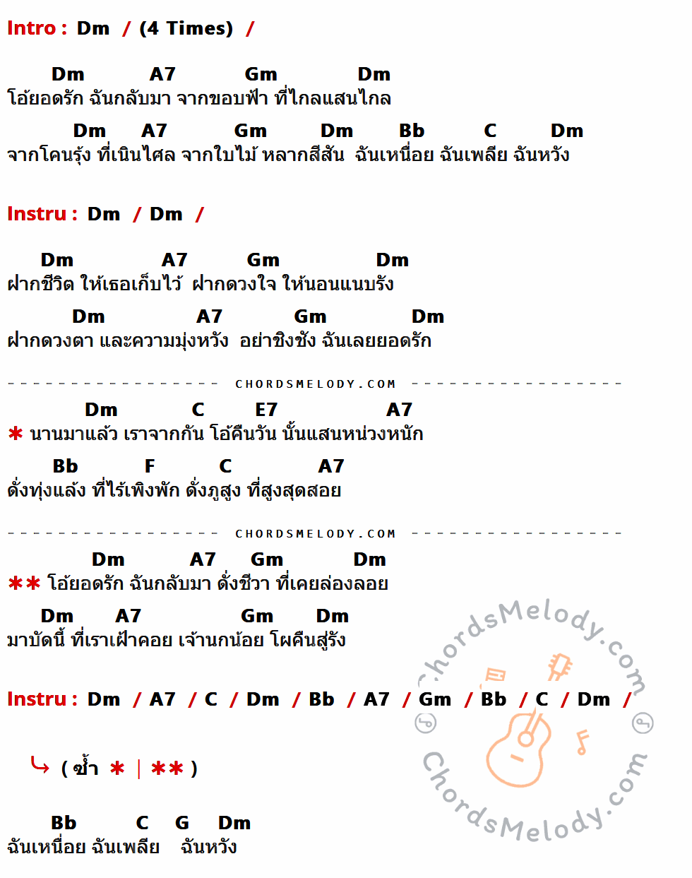 เนื้อเพลง คืนรัง ของ หงา คาราวาน ที่มีคอร์ดกีต้าร์ Dm,A7,Gm,Bb,C,E7,F,G