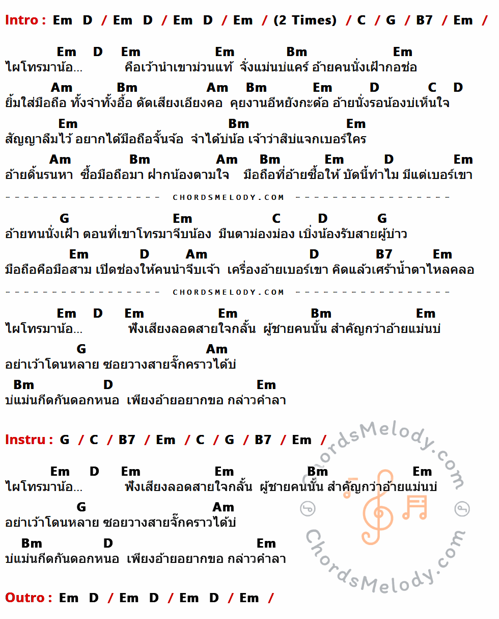 เนื้อเพลง นั่งเฝ้าเขาจีบ ของ เต๋า ภูศิลป์ ที่มีคอร์ดกีต้าร์ Em,D,C,G,B7,Bm,Am