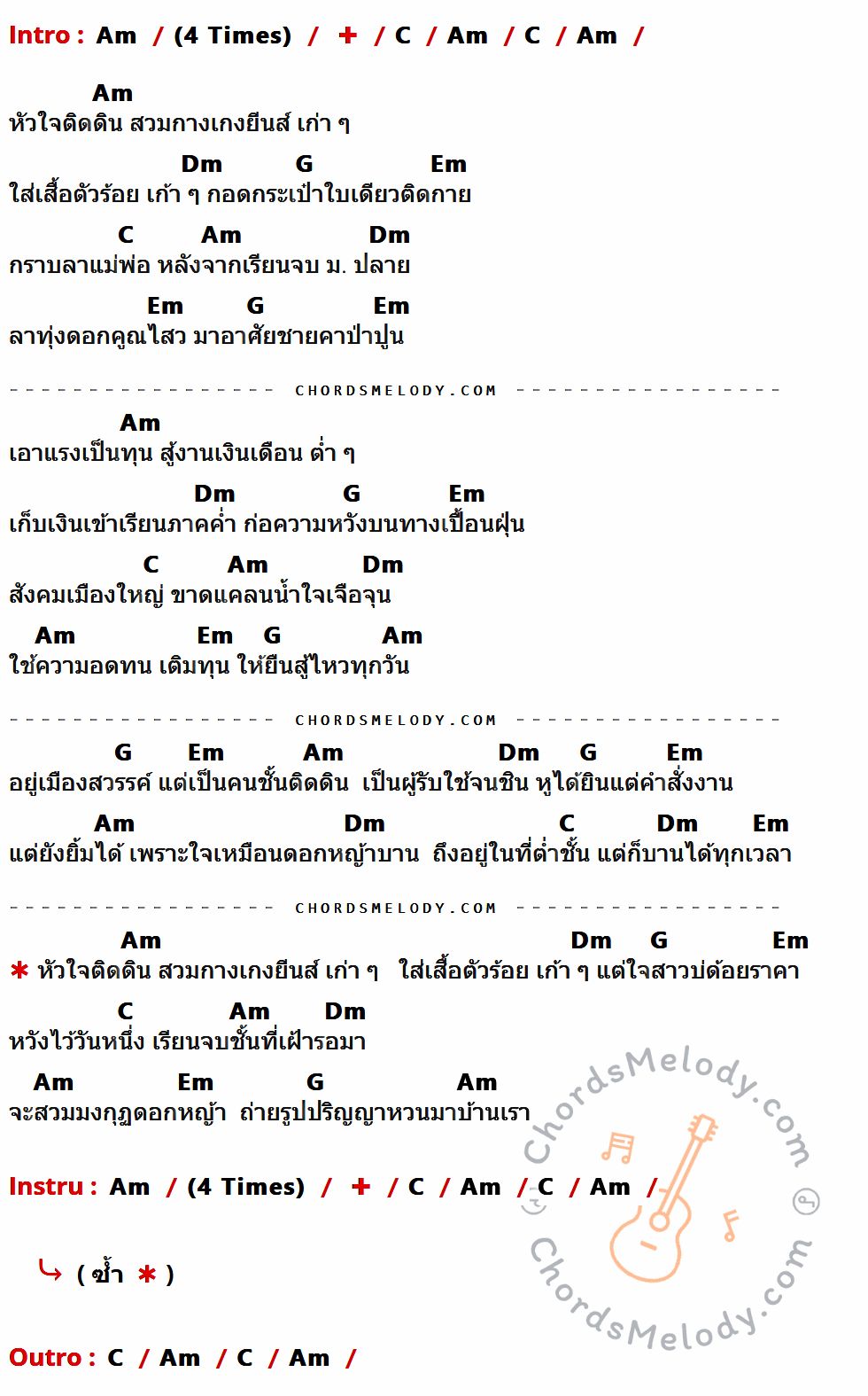 เนื้อเพลง ดอกหญ้าในป่าปูน ของ ต่าย อรทัย ที่มีคอร์ดกีต้าร์ Am,C,Dm,G,Em