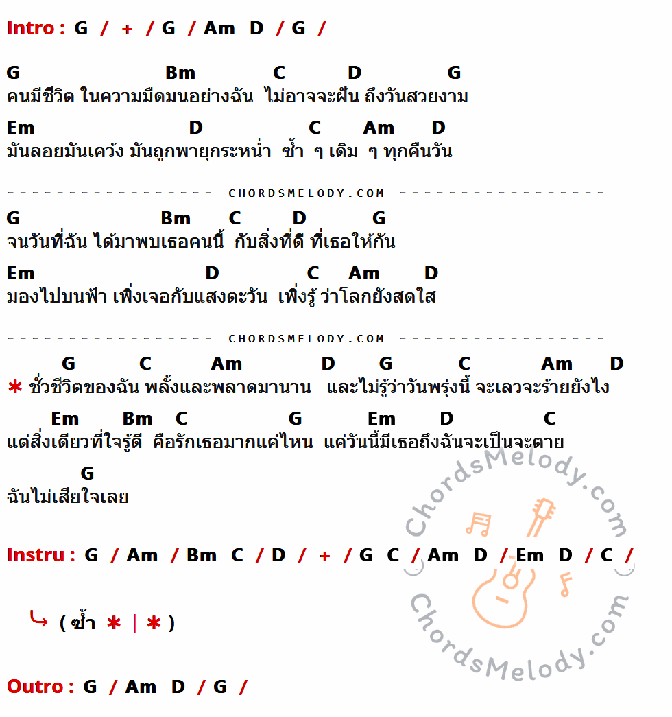 เนื้อเพลง ไม่เสียใจเลย ของ อี๊ด วง FLY ที่มีคอร์ด ในกลุ่มคีย์ G,Am,D,Bm,C,Em ประกอบ