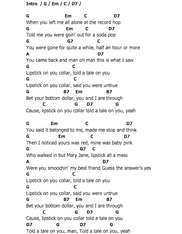 คอร์ดเพลง เนื้อเพลง Lipstick On Your Collar, คอร์ดเพลง Lipstick On Your Collar ของ Connie Francis, คอร์ดเพลงของ Connie Francis, เนื้อร้อง Lipstick On Your Collar Connie Francis, Lipstick On Your Collar คอร์ดง่าย ๆ, คอร์ด Lipstick On Your Collar ต้นฉบับ