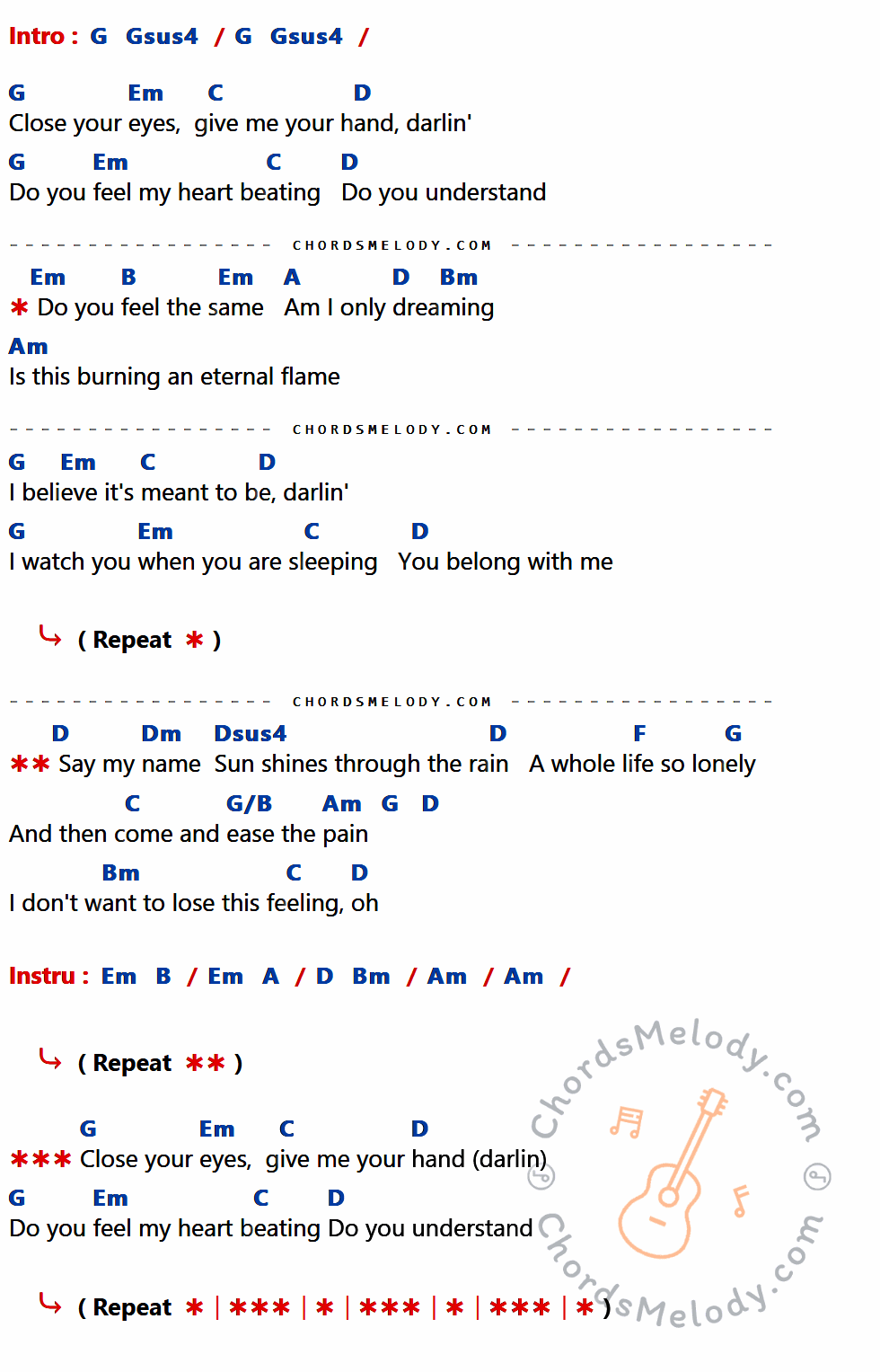 เนื้อเพลง Eternal Flame ของ The Bangles ที่มีคอร์ด ในกลุ่มคีย์ G,Gsus4,Em,C,D,B,A,Bm,Am,Dm,Dsus4,F,G/B ประกอบ
