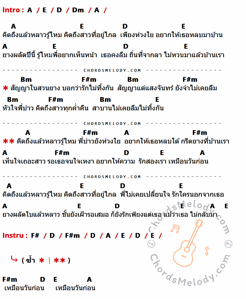 เนื้อเพลง คิดถึงแล้วหล่าว ของ หนวด จิรภัทร ที่มีคอร์ดกีต้าร์ A,E,D,Dm,Bm,F#m,F#