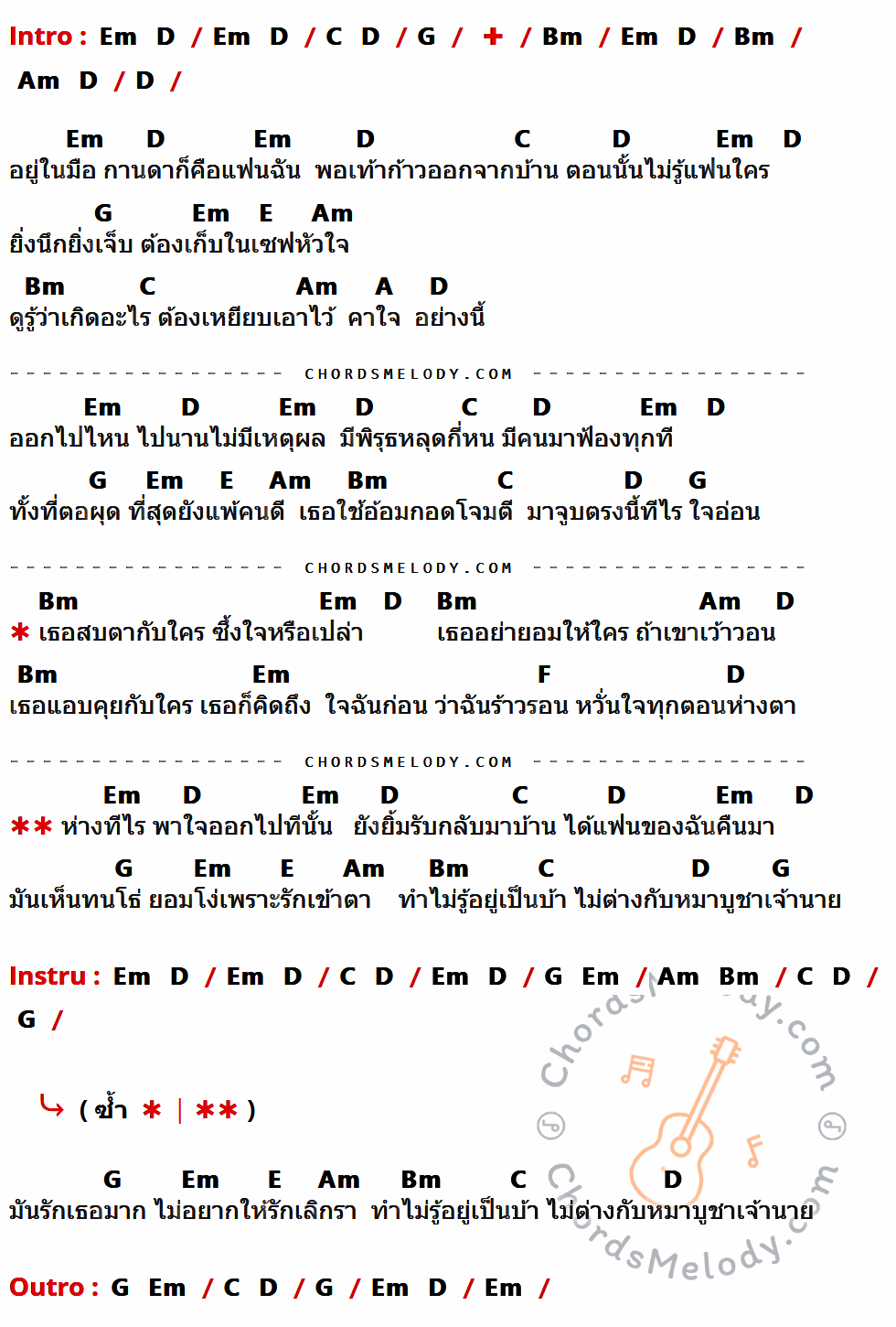 เนื้อเพลง ยอมโง่ ของ วิด ไฮเปอร์ ที่มีคอร์ดกีต้าร์ Em,D,C,G,Bm,Am,E,A,F