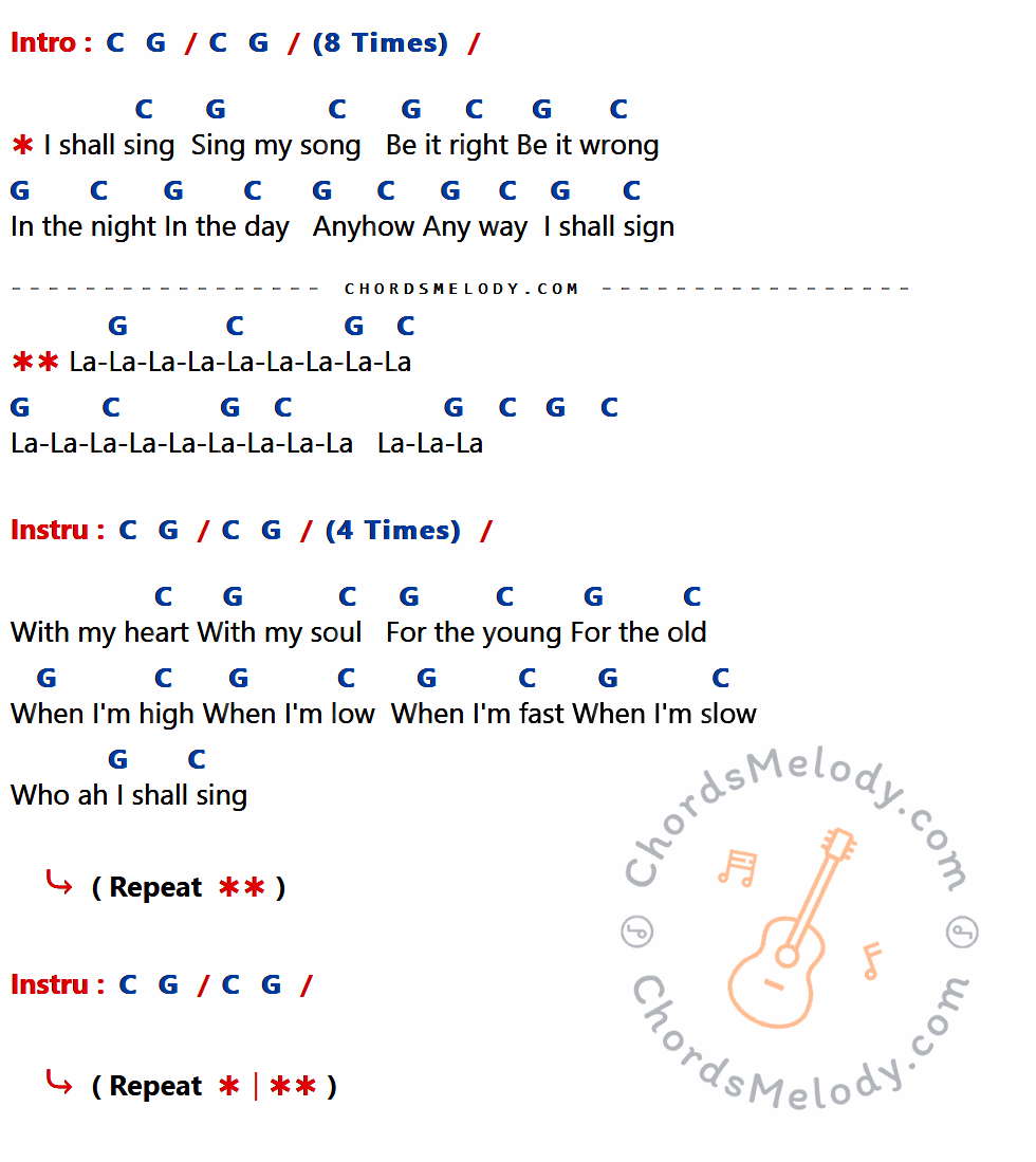 เนื้อเพลง I Shall Sing ของ Art Garfunkel ที่มีคอร์ด ในกลุ่มคีย์ C,G ประกอบ
