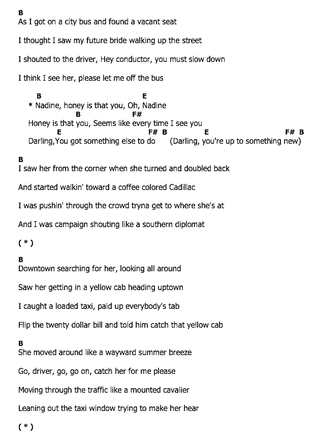คอร์ดเพลง เนื้อเพลง Nadine, คอร์ดเพลง Nadine ของ Chuck Berry, คอร์ดเพลงของ Chuck Berry, เนื้อร้อง Nadine Chuck Berry, Nadine คอร์ดง่าย ๆ, คอร์ด Nadine ต้นฉบับ