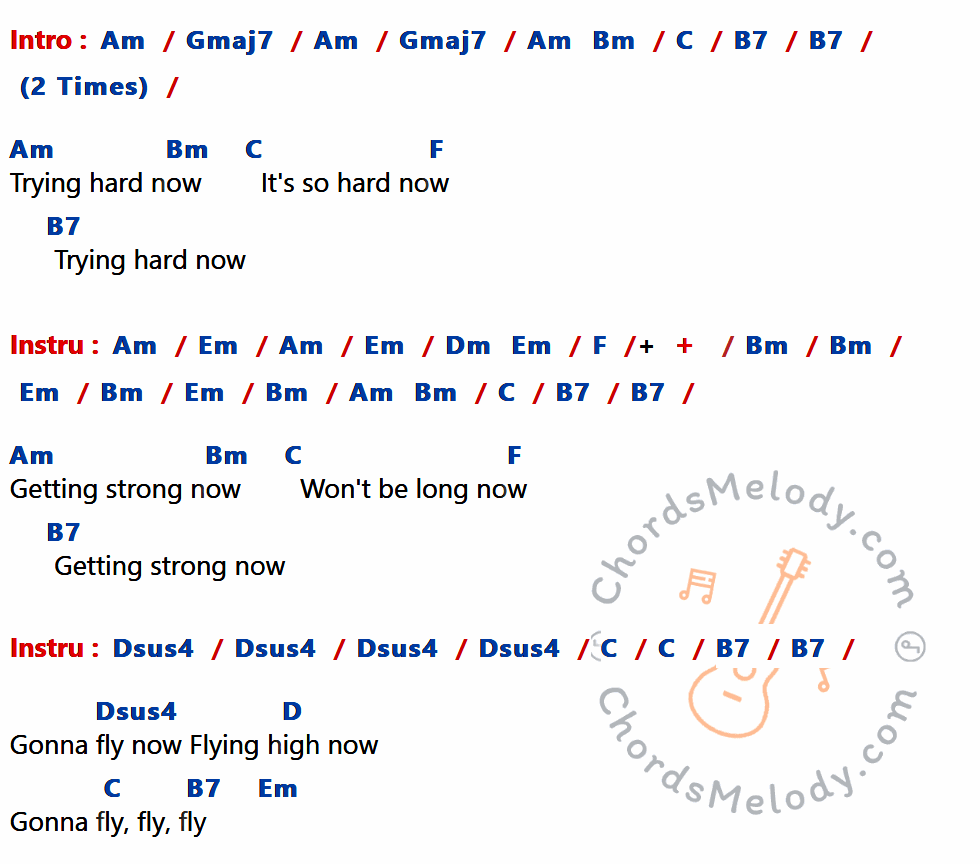 คอร์ดเพลง Gonna Fly Now - Bill Conti เนื้อร้อง มีคอร์ดกีต้าร์ ในกลุ่มคีย์ Am,Gmaj7,C,B7,Bm,F,Em,Dsus4,D กำกับ