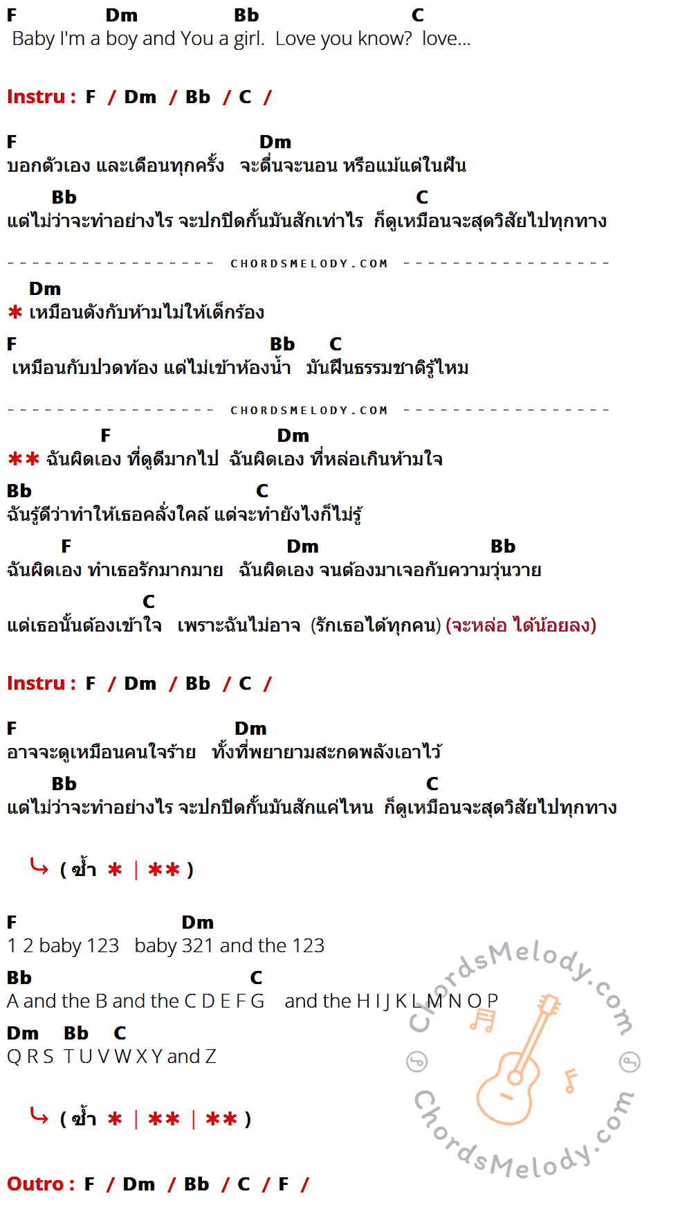 คอร์ดเพลง ฉันหล่อไป - Who boyband เนื้อร้อง มีคอร์ดกีต้าร์ ในกลุ่มคีย์ F,Dm,Bb,C กำกับ