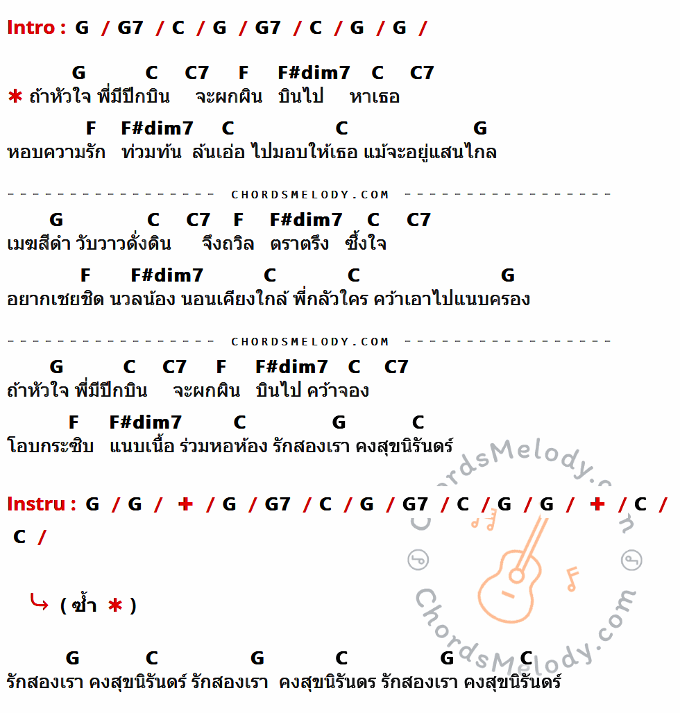 เนื้อเพลง หัวใจมีปีก ของ Grand Ex มีคอร์ดกีต้าร์ ในคีย์ที่ต่างกัน D,D7,G,G7,C,C#dim7