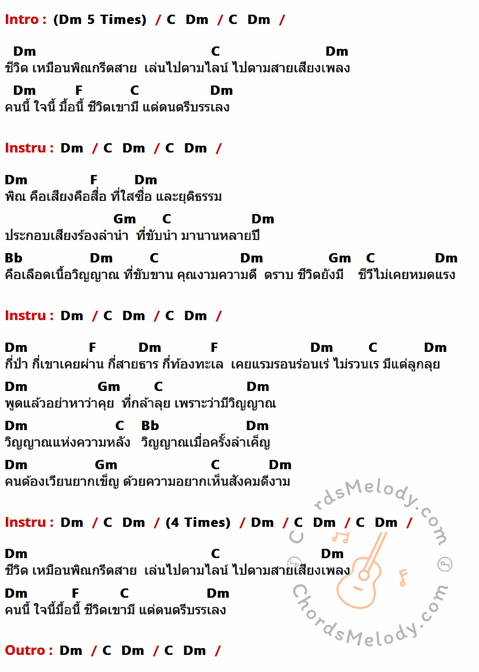 เนื้อเพลง เพลงพิณ ของ มงคล อุทก มีคอร์ดกีต้าร์ ในคีย์ที่ต่างกัน Am,G,C,Dm,F