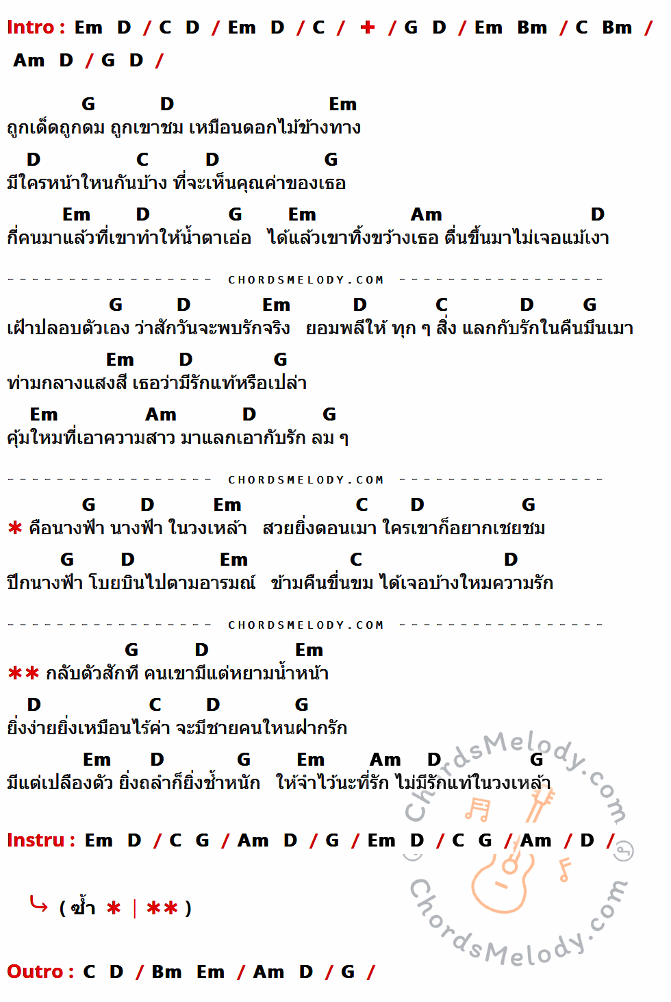 เนื้อเพลง นางฟ้าในวงเหล้า ของ ไท ธนาวุฒิ มีคอร์ดกีต้าร์ ในคีย์ที่ต่างกัน C,G,D,Em,Am