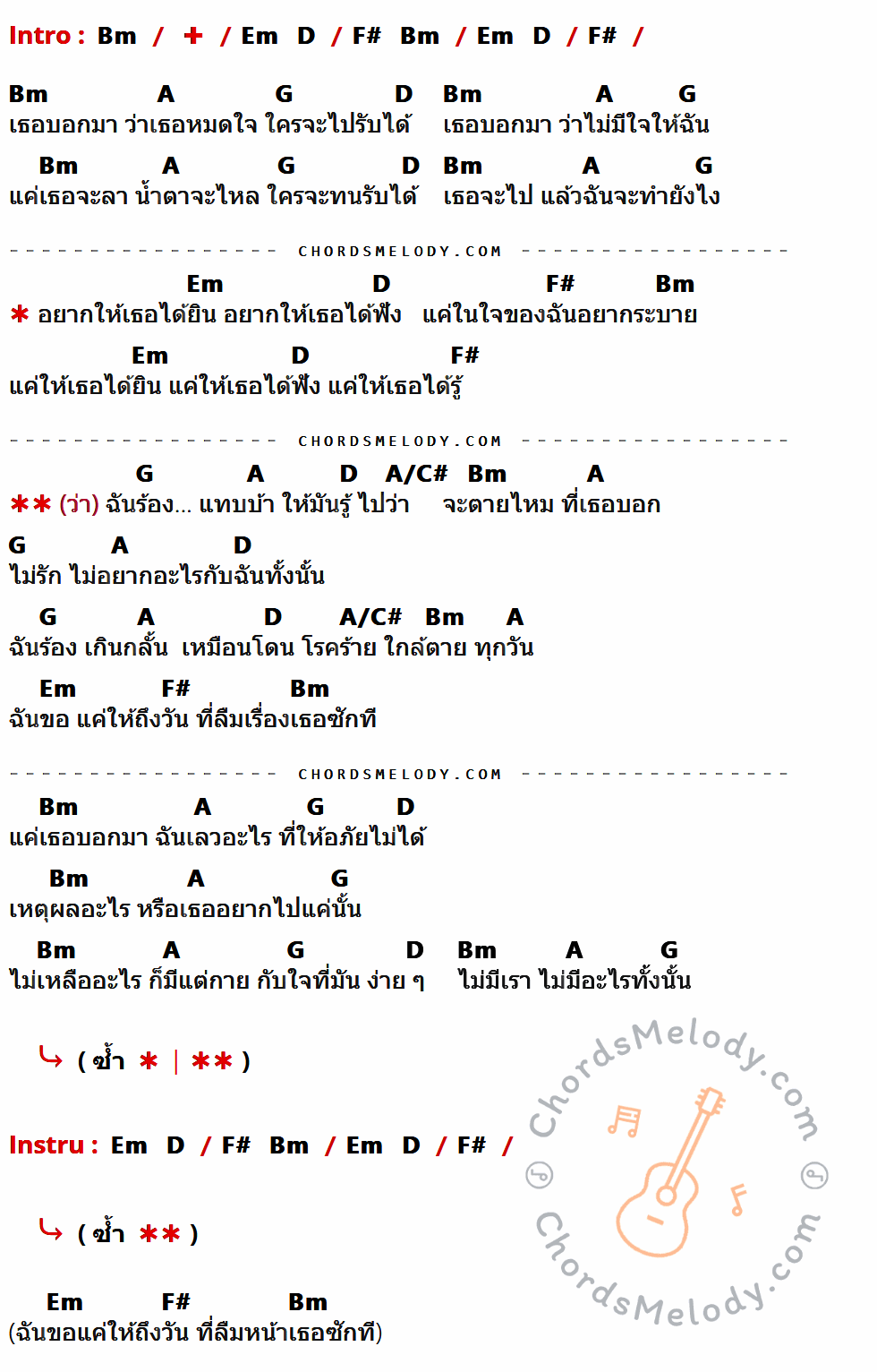 เนื้อเพลง แทบบ้า ของ Syam มีคอร์ดกีต้าร์ ในคีย์ที่ต่างกัน Bm,F#,A,G,D,Em,A/C#