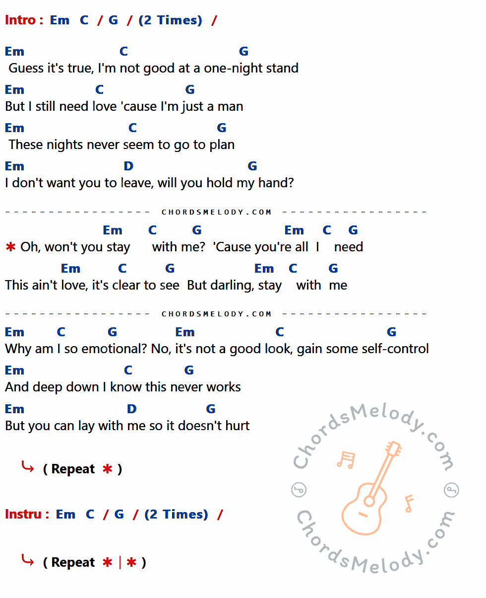 เนื้อเพลง Stay With Me ของ Sam Smith มีคอร์ดกีต้าร์ ในคีย์ที่ต่างกัน Em,C,G,D