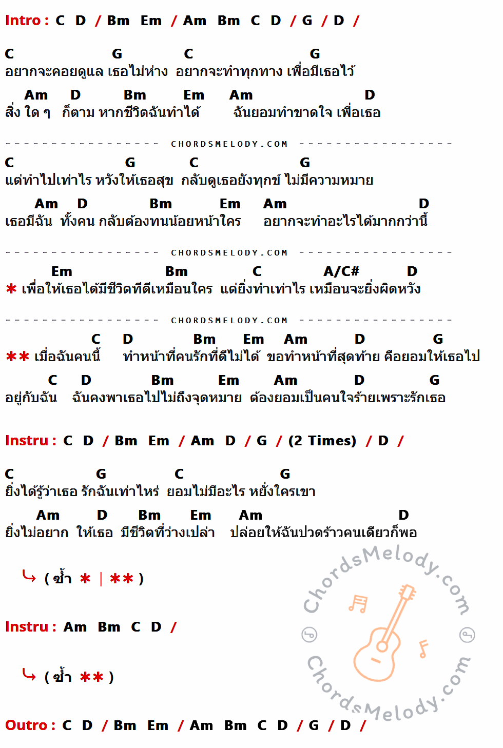 เนื้อเพลง หน้าที่สุดท้าย ของ ไอน้ำ มีคอร์ดกีต้าร์ ในคีย์ที่ต่างกัน C,D,Bm,Em,Am,G,A/C#