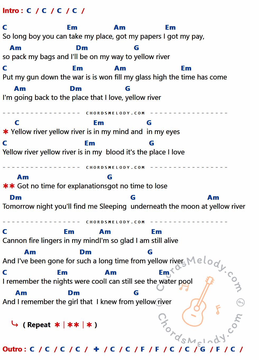 คอร์ดเพลง Yellow River - Christie เนื้อร้อง มีคอร์ดกีต้าร์ ในกลุ่มคีย์ C,Em,Am,Dm,G,F กำกับ