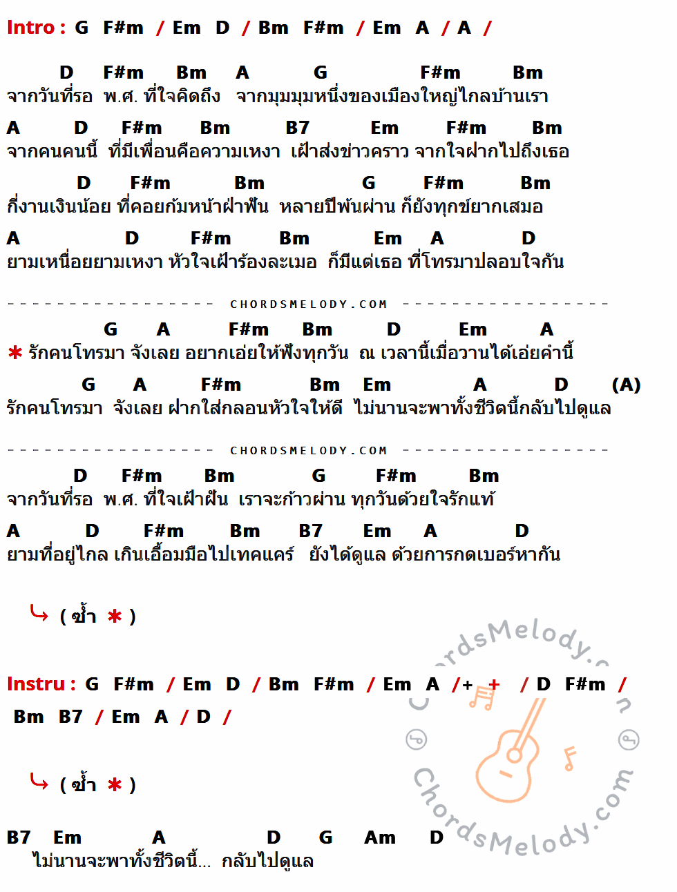 คอร์ดเพลง รักคนโทรมาจังเลย - เปาวลี พรพิมล เนื้อร้อง มีคอร์ดกีต้าร์ ในกลุ่มคีย์ A,D,F#m,Bm,G,B7,Em,Am กำกับ