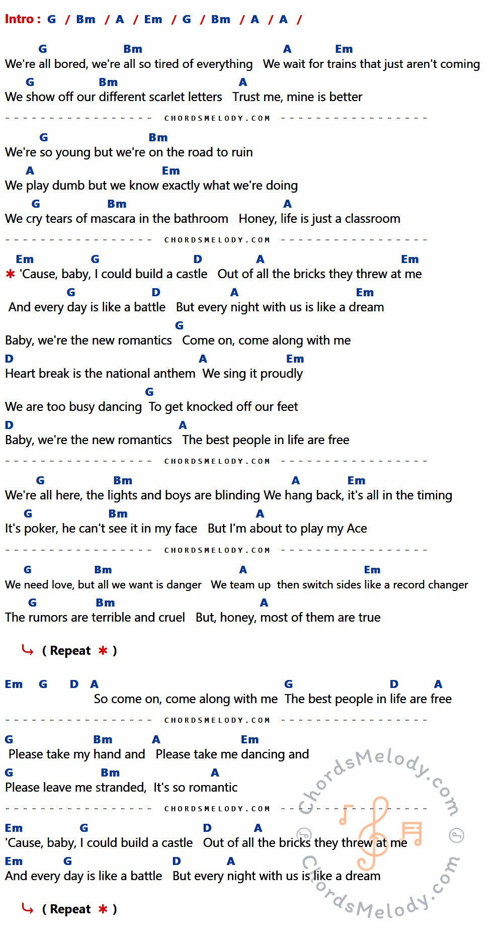คอร์ดเพลง New Romantics - Taylor Swift เนื้อร้อง มีคอร์ดกีต้าร์ ในกลุ่มคีย์ G,Bm,A,Em,D กำกับ