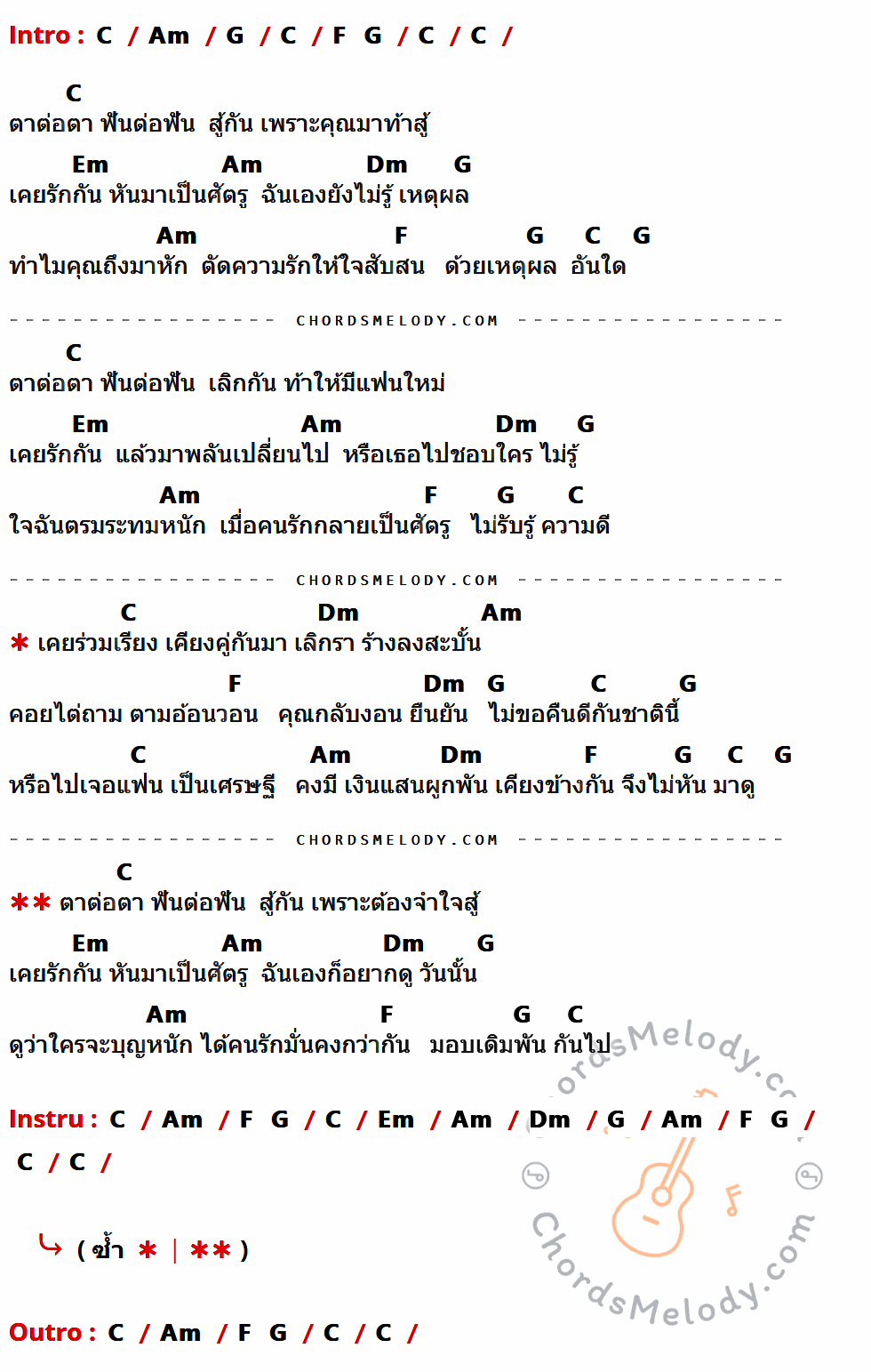 คอร์ดเพลง ตาต่อตา ฟันต่อฟัน - คัทลียา มารศรี เนื้อร้อง มีคอร์ดกีต้าร์ ในกลุ่มคีย์ C,Am,G,Em,Dm,F กำกับ