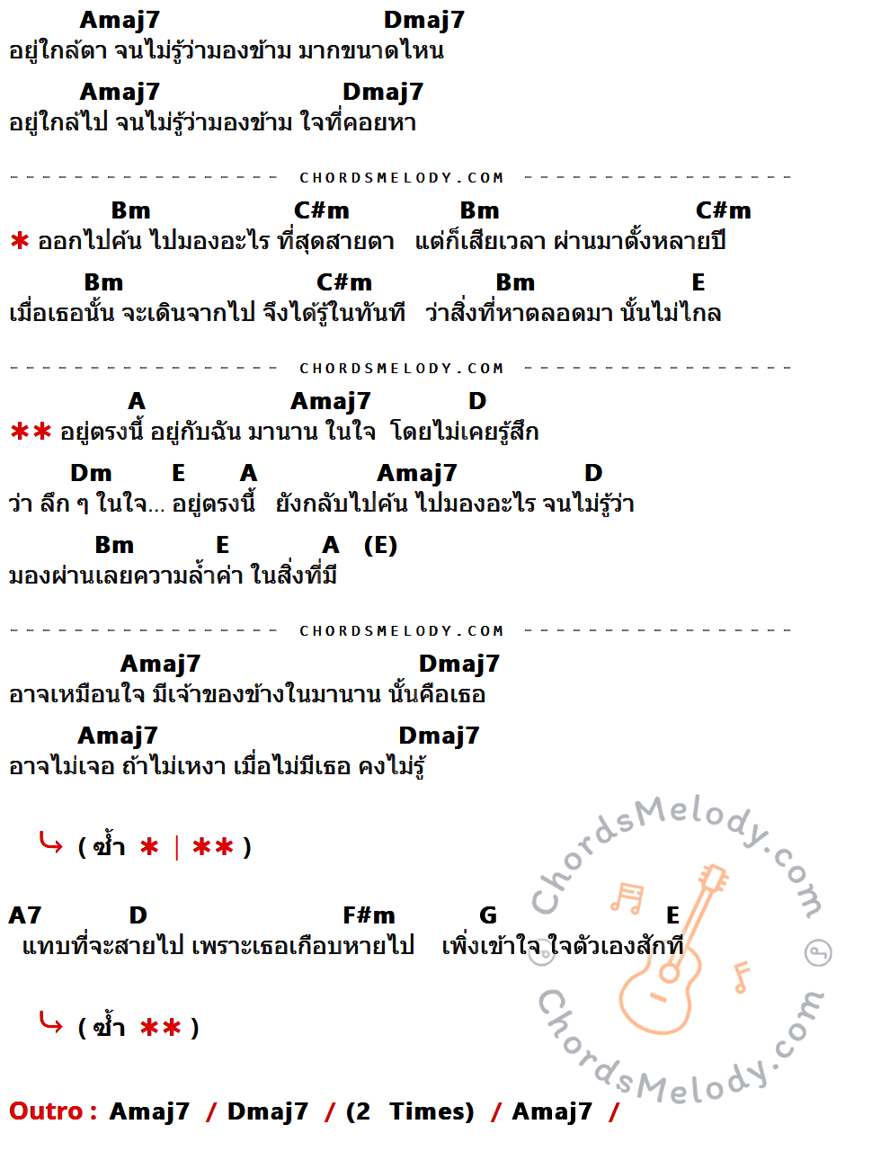 คอร์ดเพลง อยู่ใกล้ตา - ปราโมทย์ วิเลปะนะ เนื้อร้อง มีคอร์ดกีต้าร์ ในกลุ่มคีย์ Amaj7,Dmaj7,Bm,C#m,E,A,D,Dm,A7,F#m,G กำกับ
