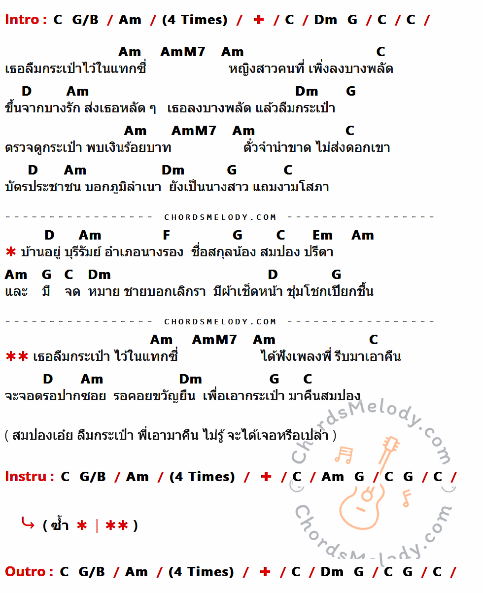 เนื้อเพลง กระเป๋าสมปอง ของ จ่อย ไมค์ทองคำ มีคอร์ดกีต้าร์ ในคีย์ที่ต่างกัน C,G/B,Am,Dm,G,AmM7,D,F,Em