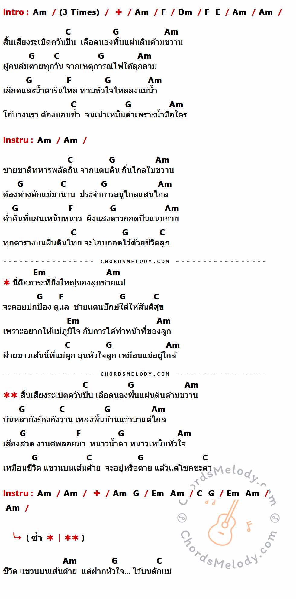 คอร์ดเพลง ชีวิตบนเส้นด้าย หัวใจบนตักแม่ - พจน์ สุวรรณพันธ์ เนื้อร้อง มีคอร์ดกีต้าร์ ในกลุ่มคีย์ Am,F,Dm,C,G,Em กำกับ