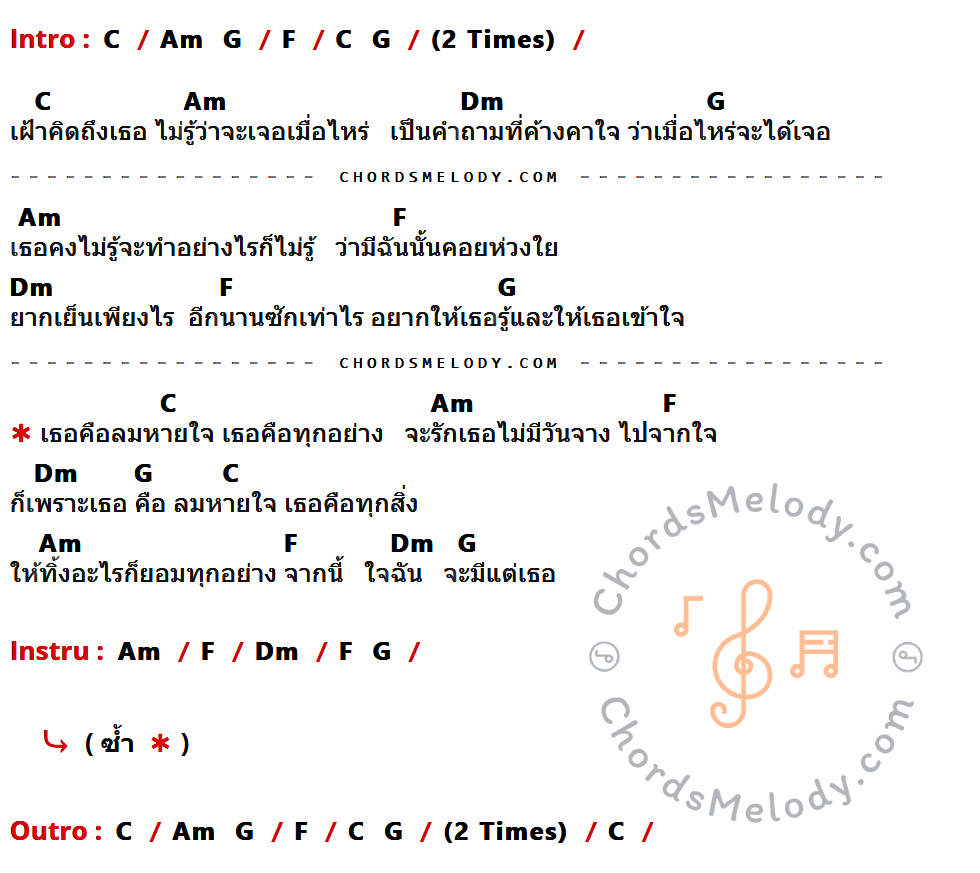 เนื้อเพลง ลมหายใจ ของ ธีร์ ไชยเดช มีคอร์ดกีต้าร์ ในคีย์ที่ต่างกัน G,Em,D,C,Am