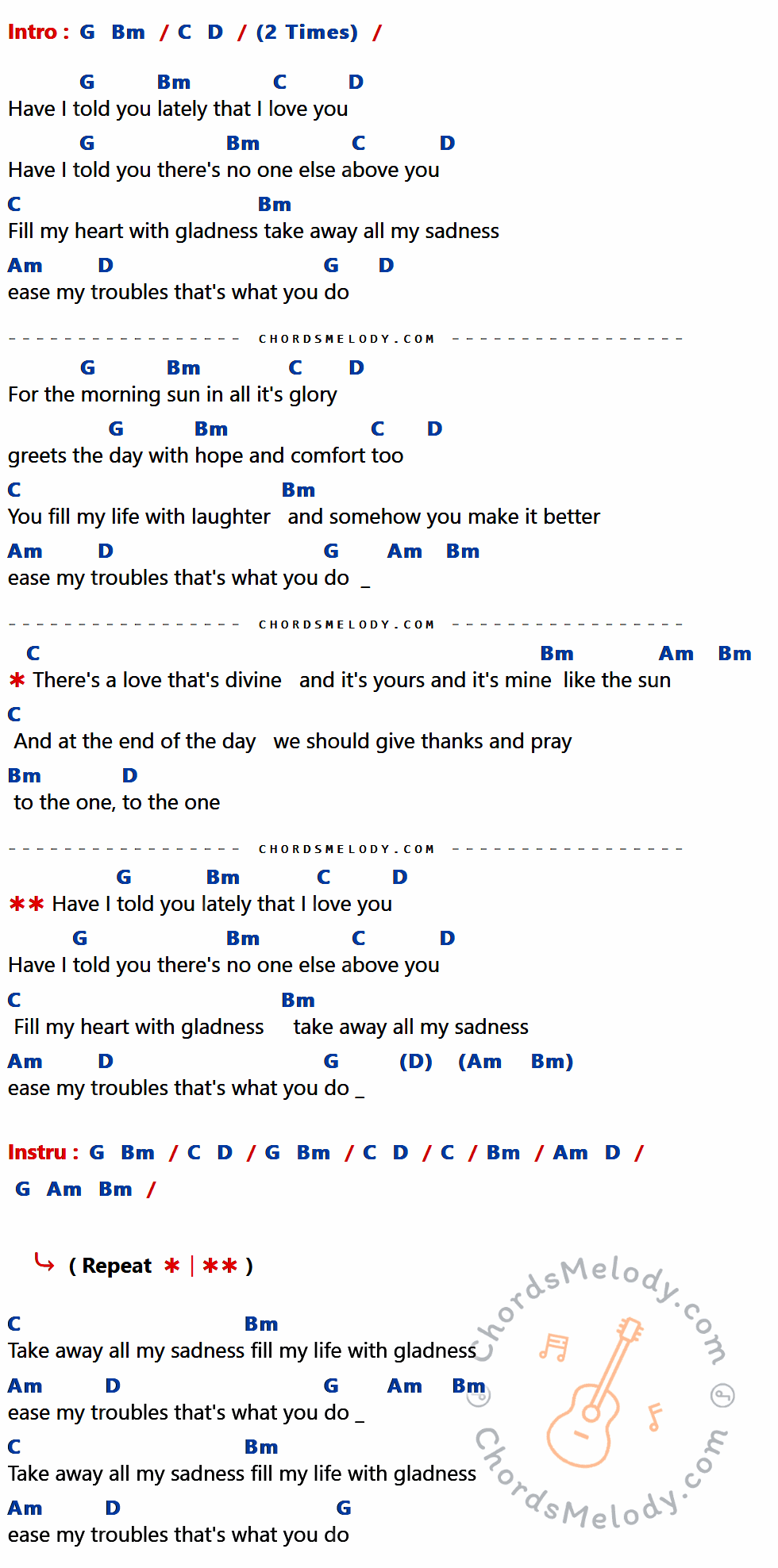 คอร์ดเพลง Have I Told You Lately - Rod Stewart เนื้อร้อง มีคอร์ดกีต้าร์ ในกลุ่มคีย์ G,Bm,C,D,Am กำกับ