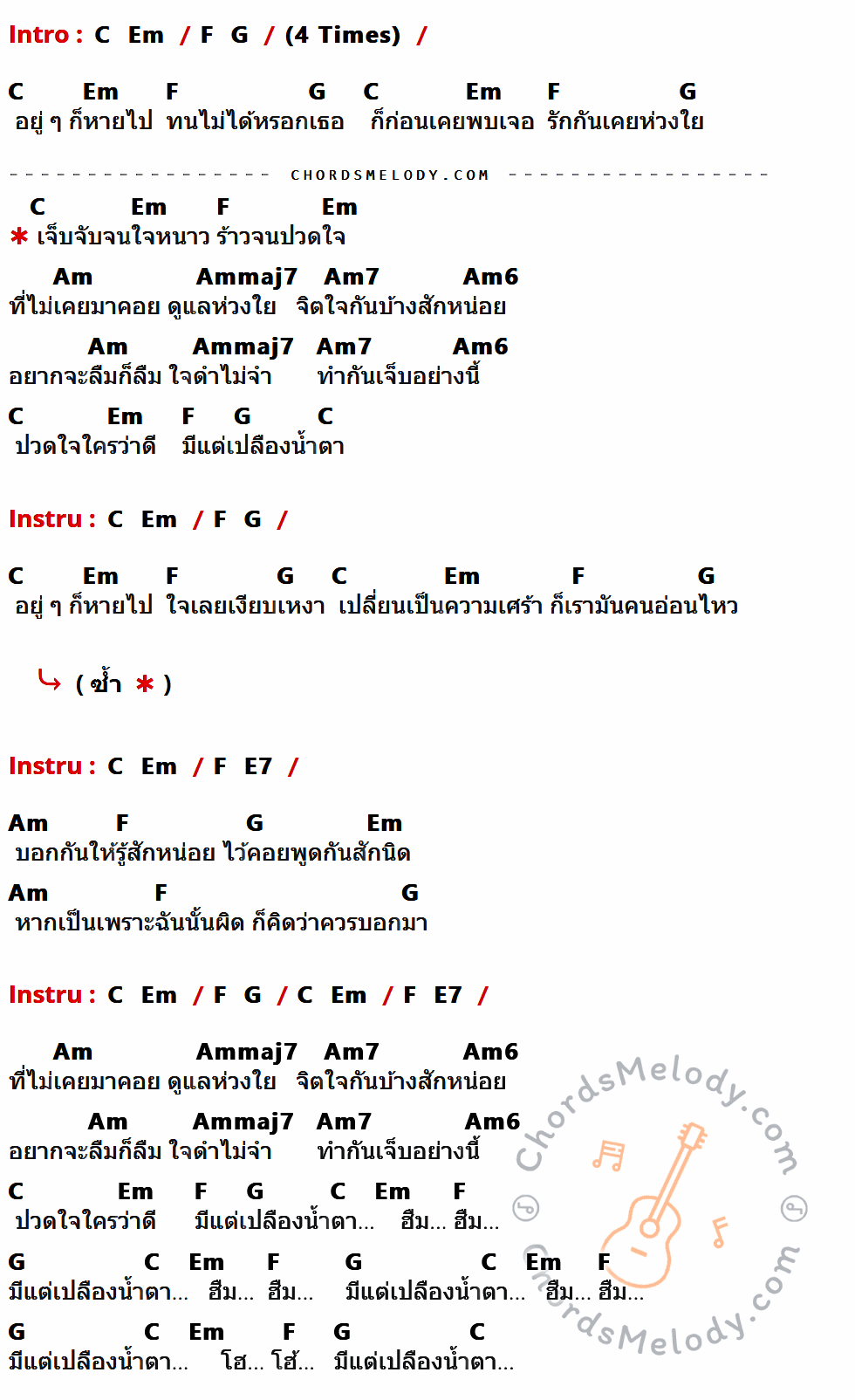 คอร์ดเพลง เปลืองน้ำตา - ติ๊ก ชีโร่ เนื้อร้อง มีคอร์ดกีต้าร์ ในกลุ่มคีย์ C,Em,F,G,Am,Ammaj7,Am7,Am6 กำกับ