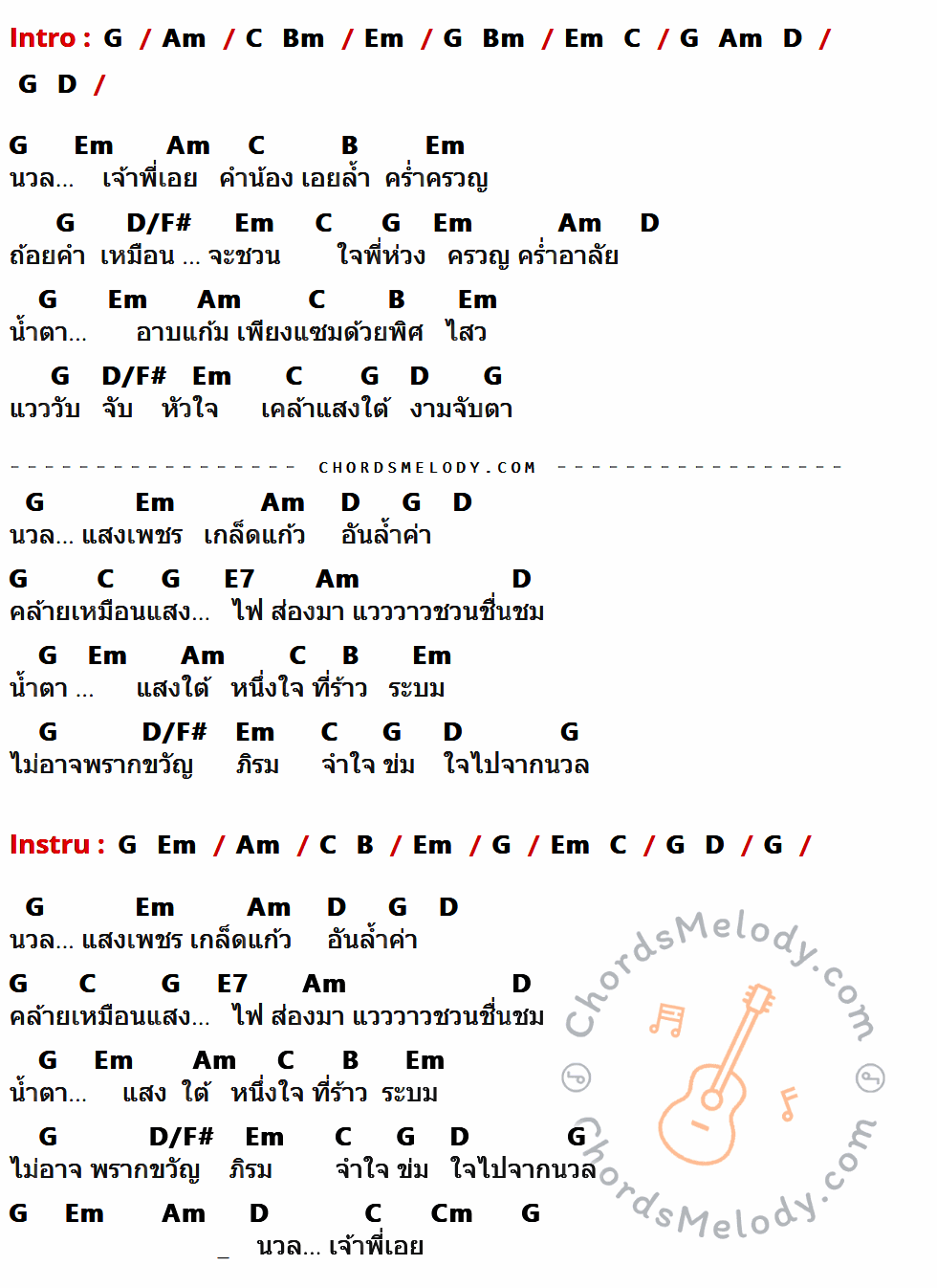 คอร์ดเพลง น้ำตาแสงไต้ - โจ้ Pause เนื้อร้อง มีคอร์ดกีต้าร์ ในกลุ่มคีย์ G,Am,C,Bm,Em,D,B,D/F#,E7,Cm กำกับ