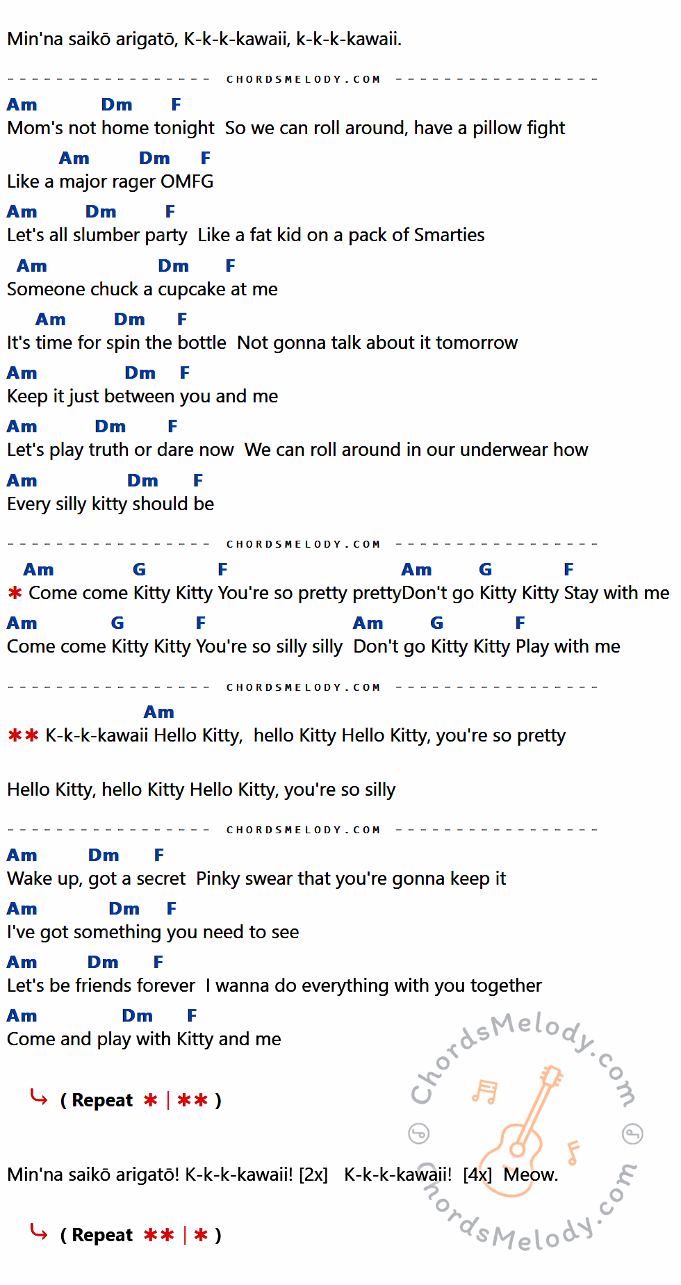 คอร์ดเพลง Hello Kitty - Avril Lavigne เนื้อร้อง มีคอร์ดกีต้าร์ ในกลุ่มคีย์ Am,Dm,F,G กำกับ