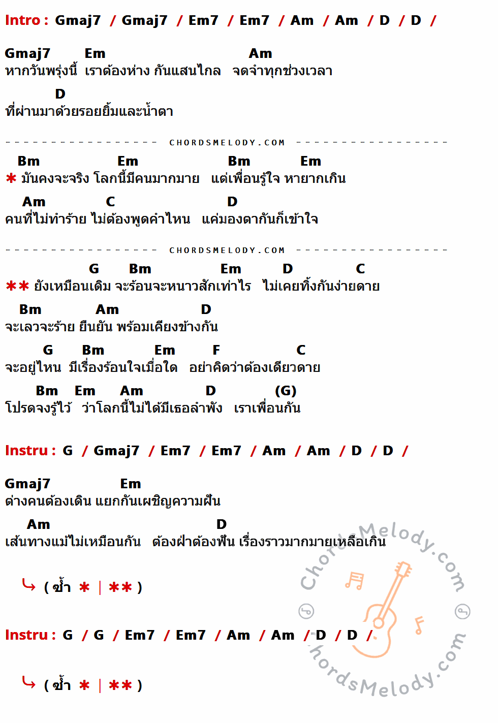 เนื้อเพลง โลกนี้ไม่ได้มีเธอลำพัง ของ มาร์ค วิทวัส มีคอร์ดกีต้าร์ ในคีย์ที่ต่างกัน Gmaj7,Em7,Am,D,Em,Bm,C,G,F