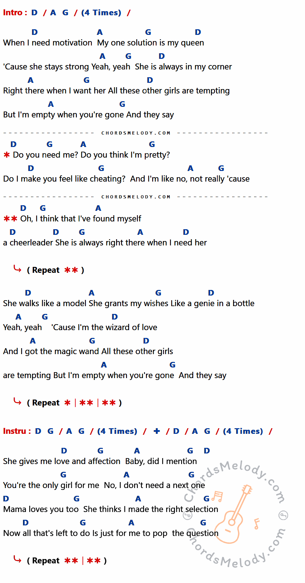 คอร์ดเพลง Cheerleader - OMI เนื้อร้อง มีคอร์ดกีต้าร์ ในกลุ่มคีย์ D,A,G กำกับ