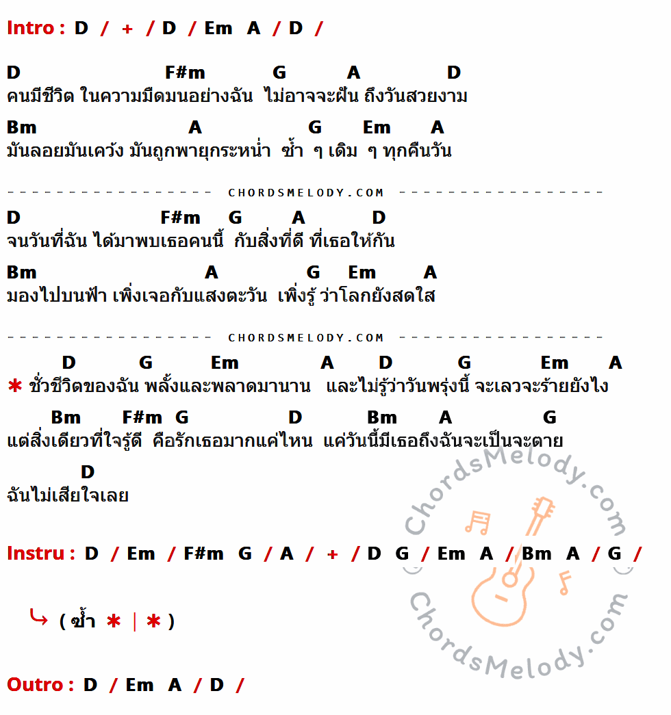 คอร์ดเพลง ไม่เสียใจเลย - อี๊ด วง FLY เนื้อร้อง มีคอร์ดกีต้าร์ ในกลุ่มคีย์ D,F#m,G,A,Bm,Em กำกับ